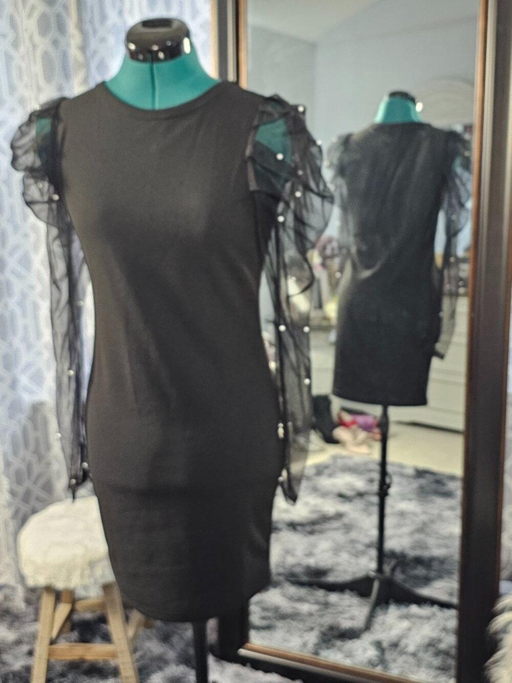 SHEIN Black Mesh Pearl Sleeve Dress, Size S
